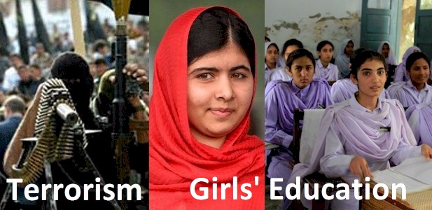 Fierce Terrorism on one side, Girls' Education on the other. In the middle Malala standing up for what she believes in.