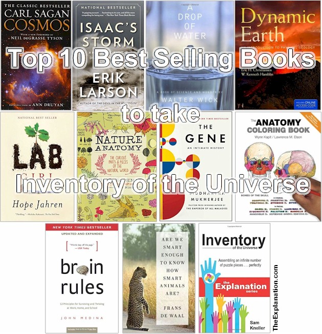 Top 10 Lists of Best Selling Books to Take Inventory of the Universe. Cosmos - Carl Sagan: Isaac's Storm- Erik Larson: A Drop Of Water - Walter Wick: Dynamic Earth - Christiansen and Hamblin: Lab Girl - Hope Jahren: Nature Anatomy - Julia Rothman: The Gene - Siddhartha Mukherjee: The Anatomy Coloring Book - Kapit and Elson: Brain Rules - John Medina: Mankind Are We Smart Enough to Know How Smart Animals Are? - Frans de Waal: Inventory of the Universe - Sam Kneller