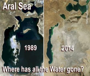 The Aral Sea in 1989 and 2014. Diverting water has wasted this Sea and wrecked havoc with the livelihoods of those generations which depended on it.