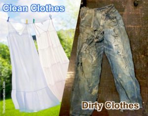Adam and Eve's positive nakedness/wisdom is associated with clean clothes. On the other hand, the serpent's negative subtlety and guile are associated with dirty clothing.