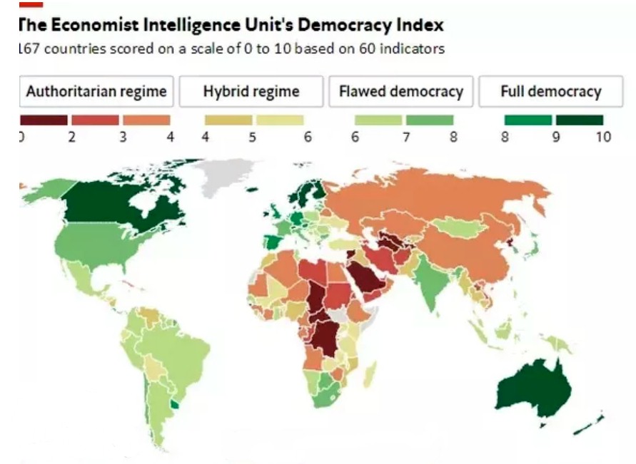 Human rule around the world takes on all shades as this map of democratic indicators reveals.