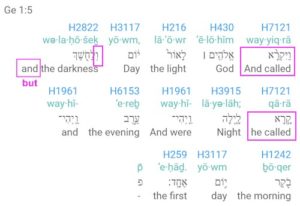 Genesis 1.5 Different verb structures for called to signify the opposition between night and day. As well as the use of the conjunction 'but.'