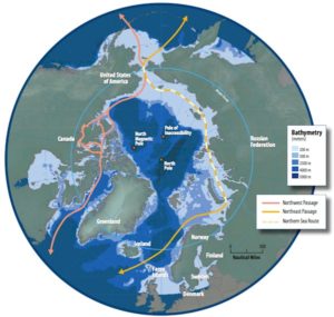 The Northern Sea Route. Nuclear powered ship break ice in Bering Straits to allow regular cargo to pass through.
