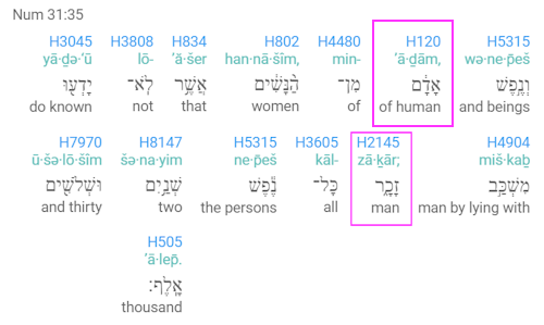 Numbers 31:35 the Biblical Hebrew term adam refers exclusively to women.