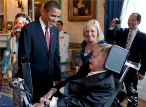 Cosmologist Stephen Hawking with his daughter Lucy and President Obama. An incredible example of a fragile body and a forceful mind
