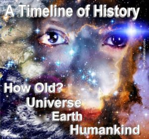 A timeline of history with key benchmarks for age of the Universe, Earth and humankind.